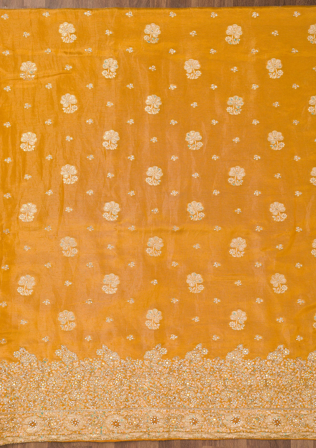 Mustard Zariwork Semi Crepe Unstitched Salwar Suit-Koskii