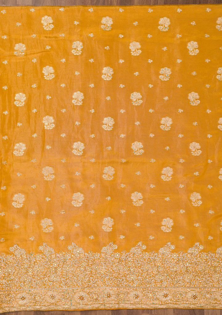 Mustard Zariwork Semi Crepe Unstitched Salwar Suit-Koskii