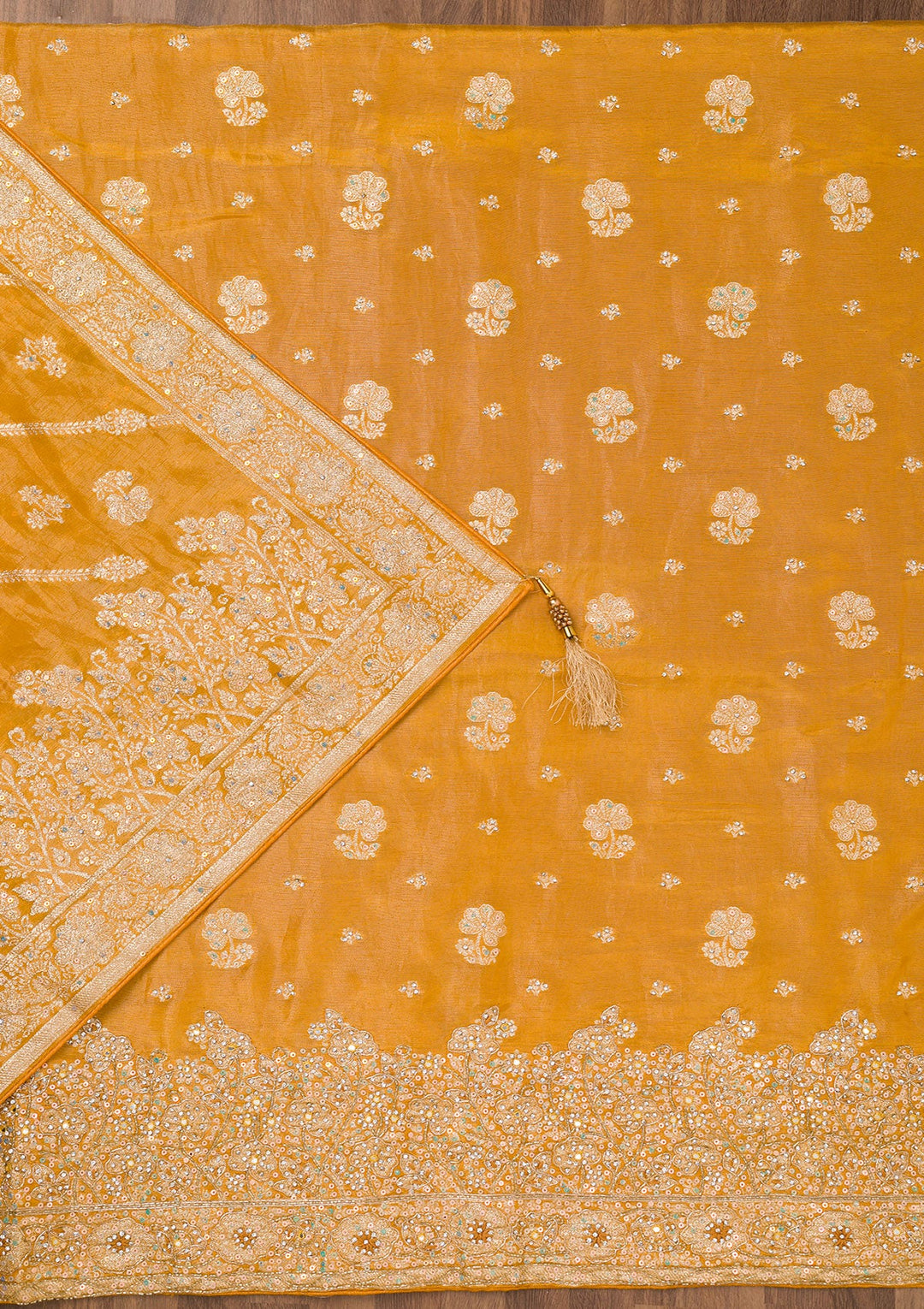 Mustard Zariwork Semi Crepe Unstitched Salwar Suit-Koskii