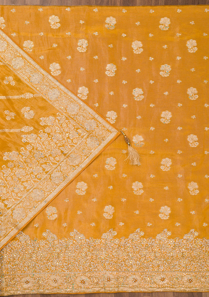 Mustard Zariwork Semi Crepe Unstitched Salwar Suit-Koskii