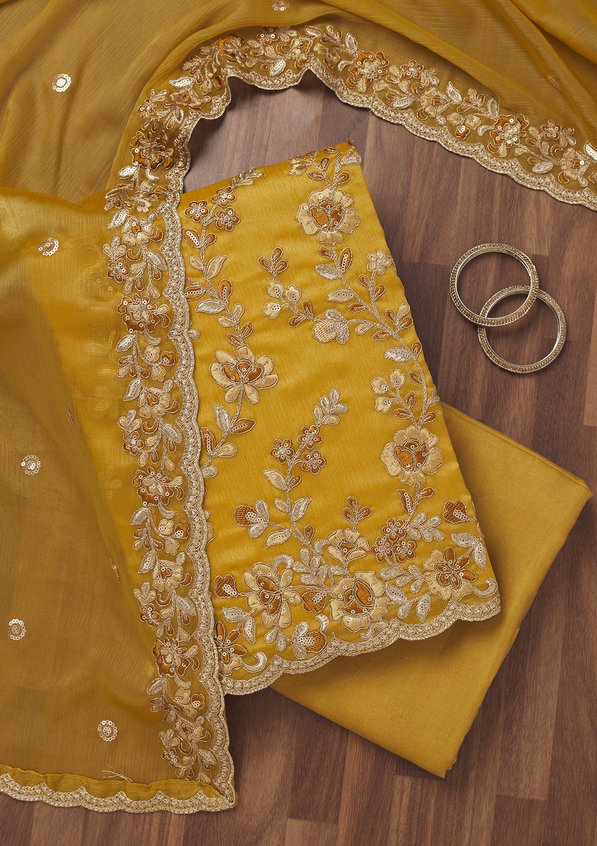 Mustard Zariwork Semi Crepe Unstitched Salwar Suit-Koskii