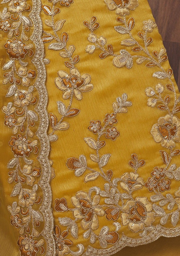 Mustard Zariwork Semi Crepe Unstitched Salwar Suit-Koskii
