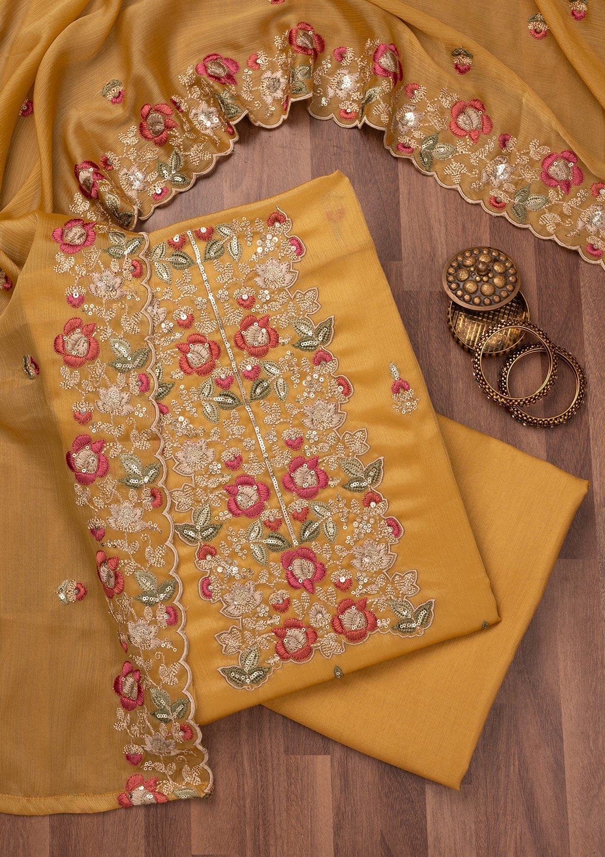 Mustard Zariwork Semi Crepe Unstitched Salwar Suit-Koskii