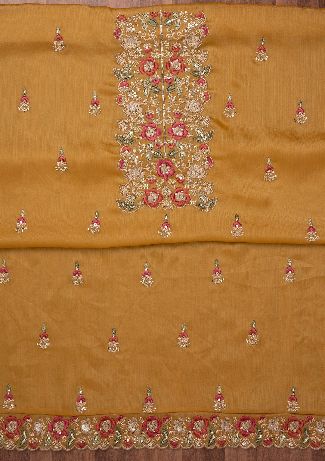 Mustard Zariwork Semi Crepe Unstitched Salwar Suit-Koskii