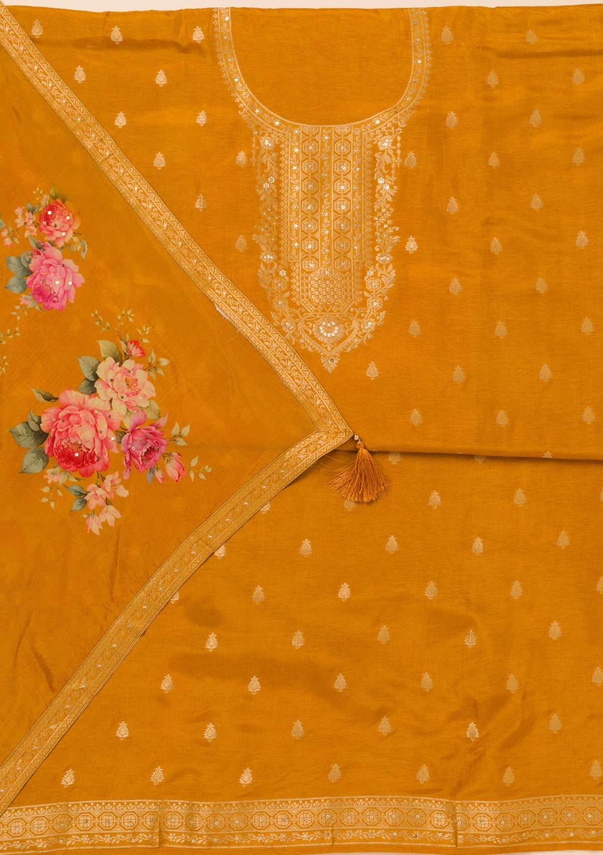 Mustard Zariwork Semi Crepe Unstitched Salwar Suit