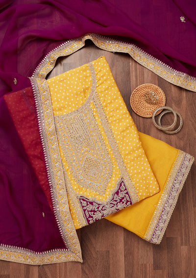 Mustard Zariwork Semi Crepe Unstitched Salwar Suit-Koskii