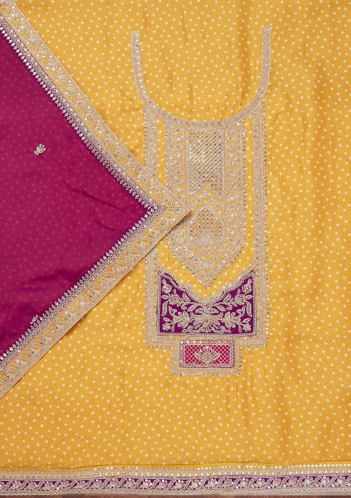 Mustard Zariwork Semi Crepe Unstitched Salwar Suit-Koskii