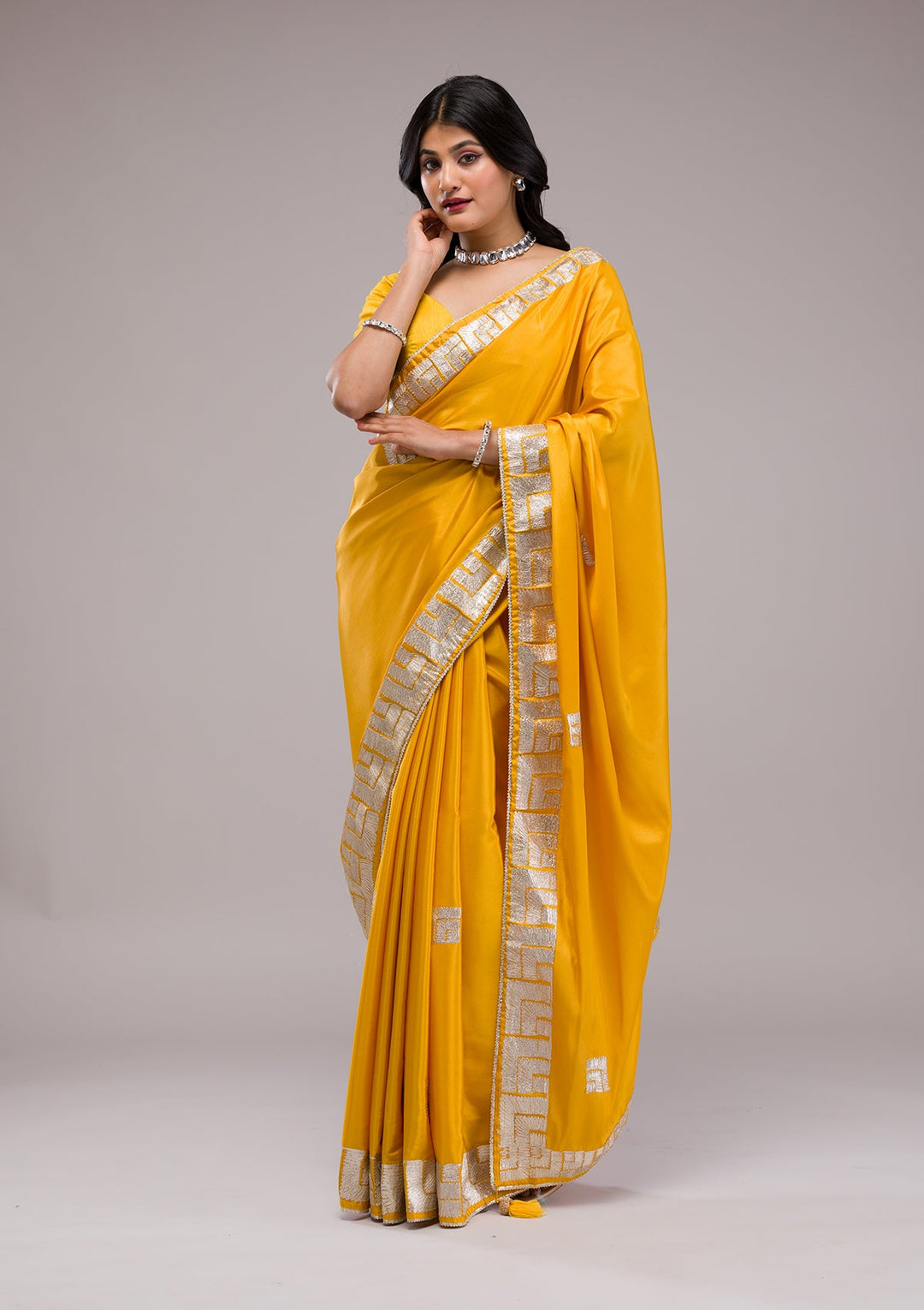 Mustard Zariwork Semi Crepe Saree-Koskii