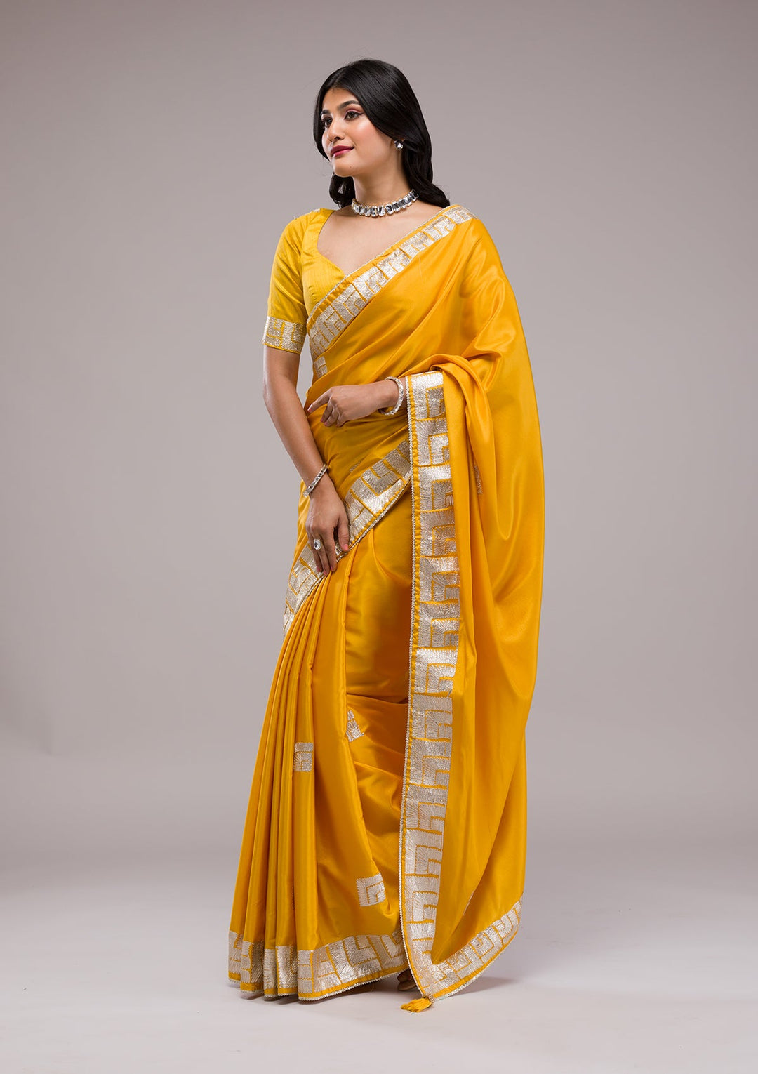 Mustard Zariwork Semi Crepe Saree-Koskii