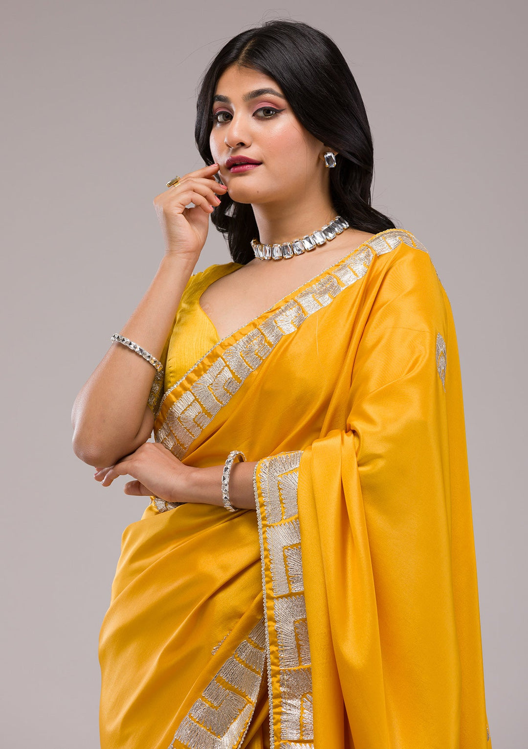 Mustard Zariwork Semi Crepe Saree-Koskii
