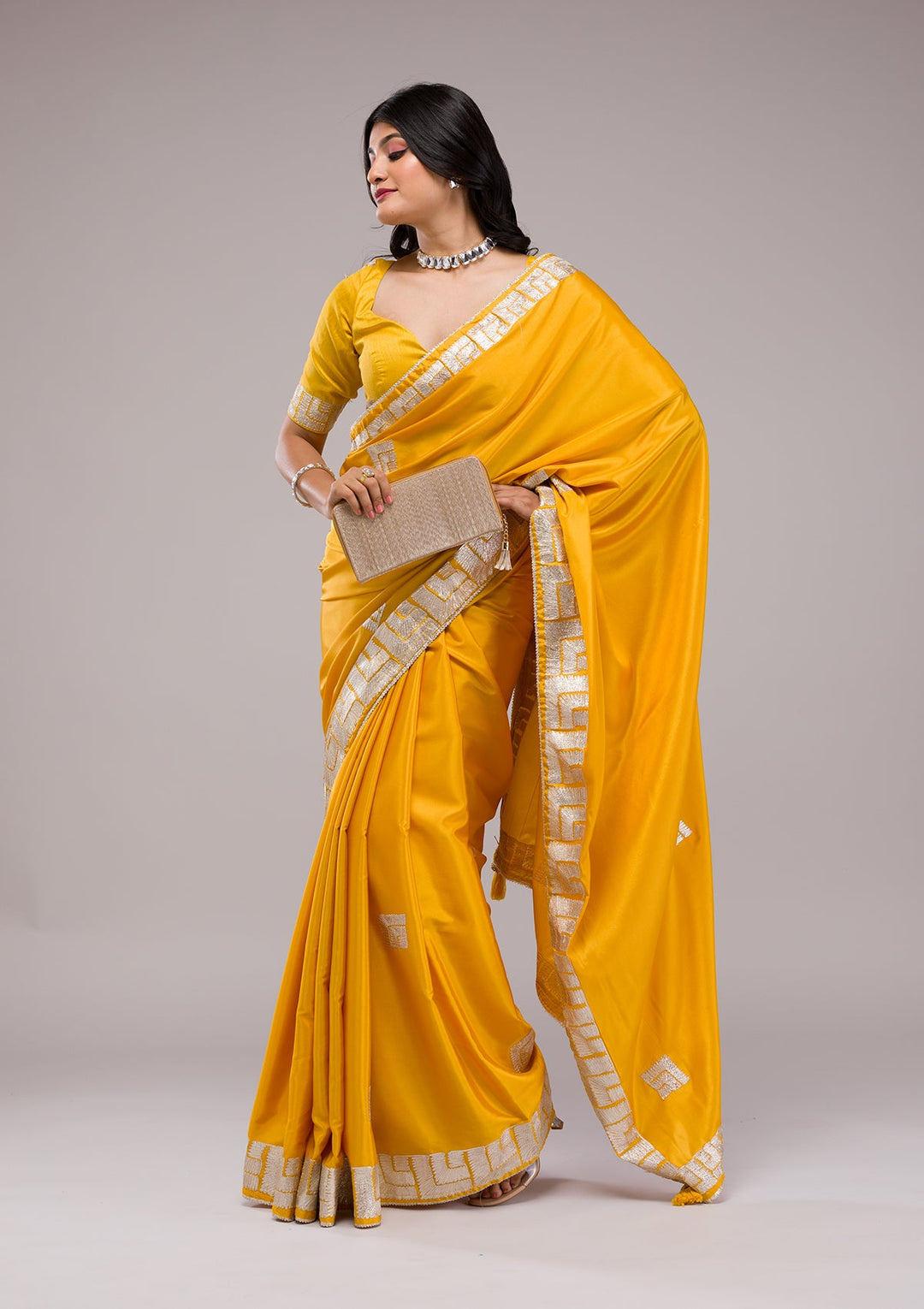 Mustard Zariwork Semi Crepe Saree-Koskii