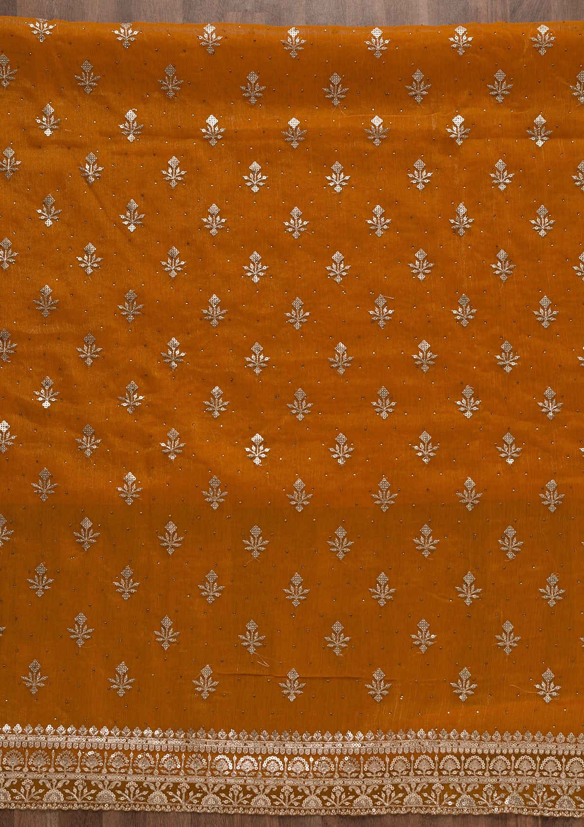 Mustard Zariwork Shimmer Georgette Unstitched Salwar Suit-Koskii