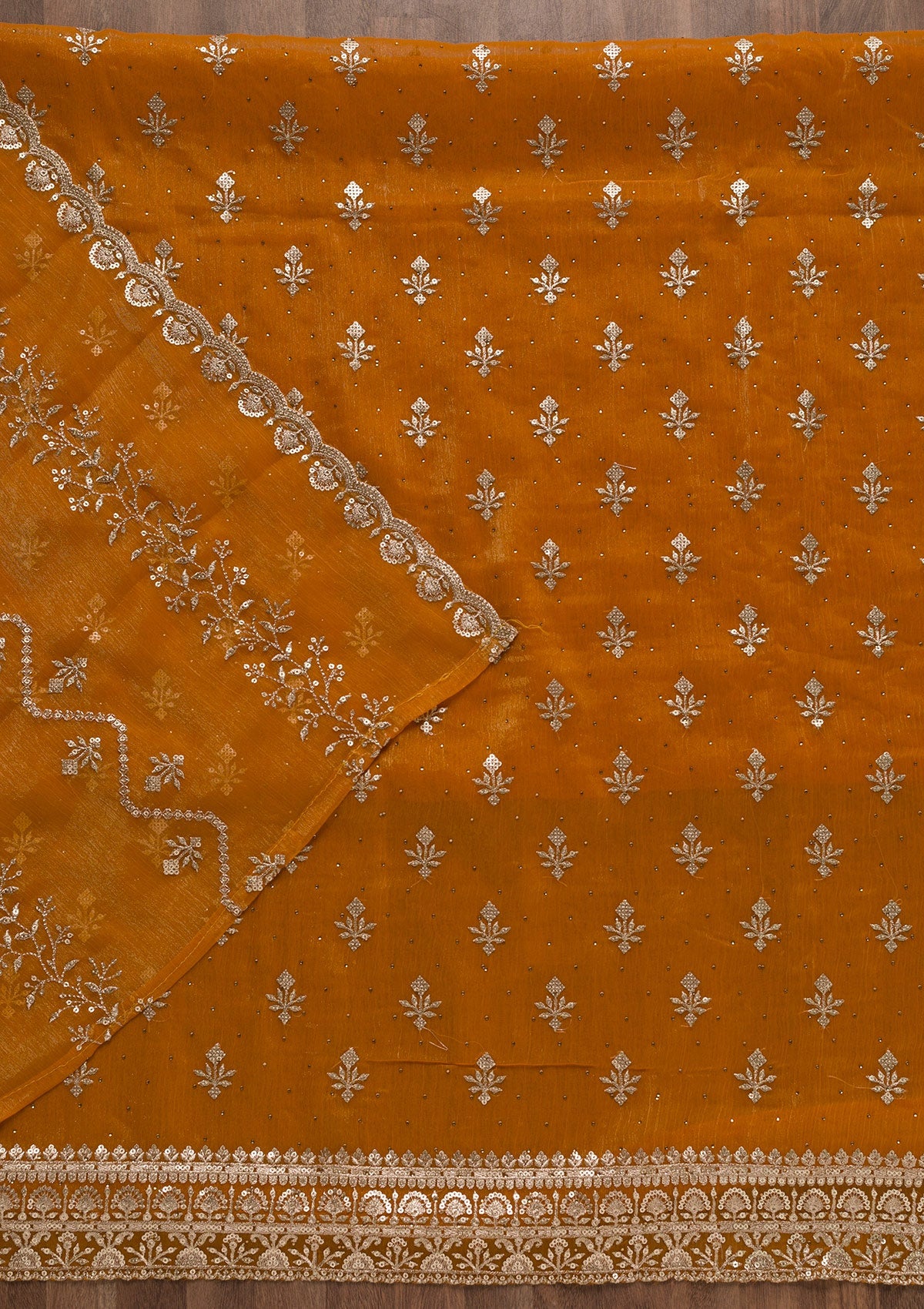 Mustard Zariwork Shimmer Georgette Unstitched Salwar Suit-Koskii