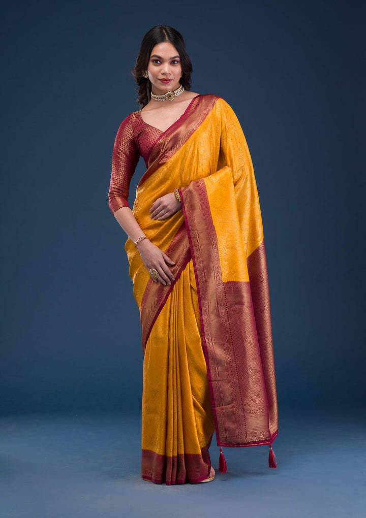 Mustard Zariwork Soft Silk Saree-Koskii