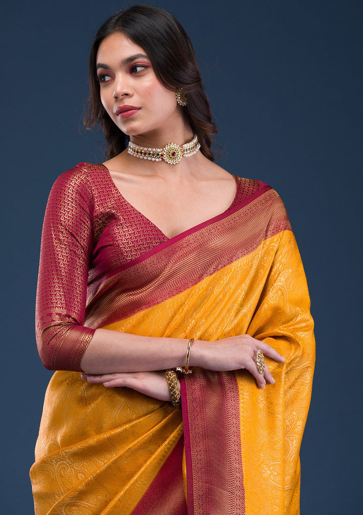 Mustard Zariwork Soft Silk Saree-Koskii