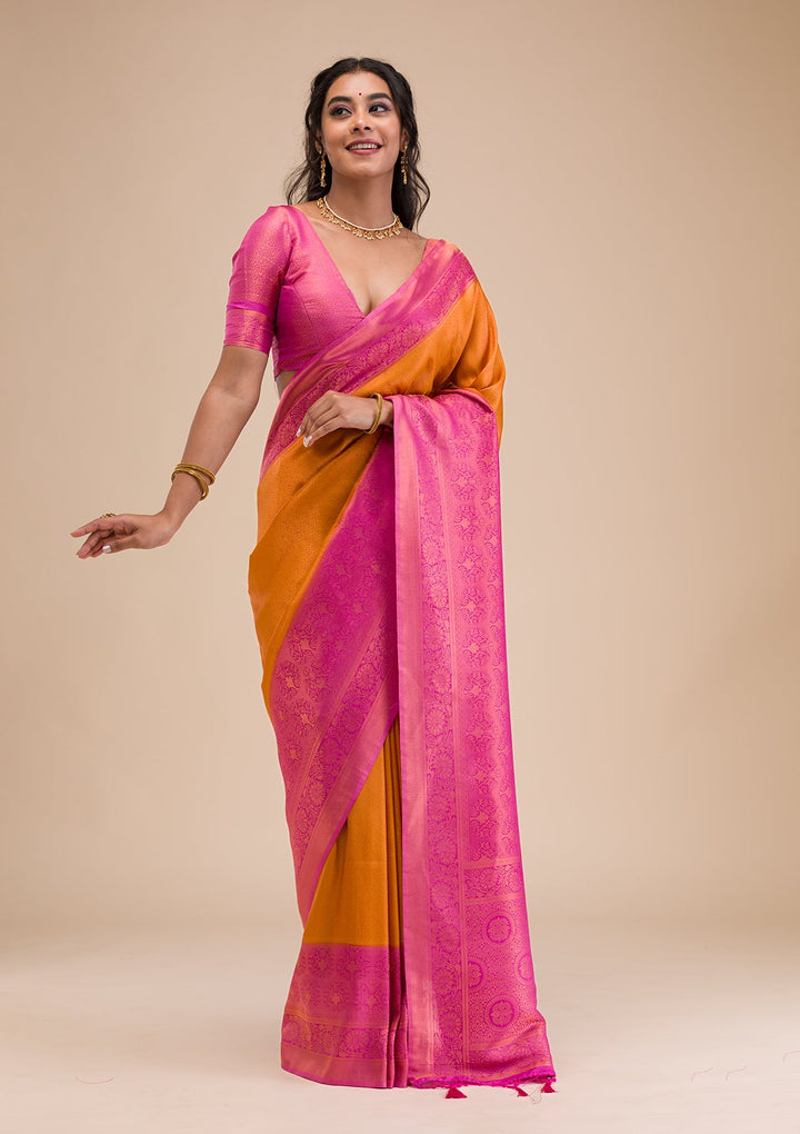 Mustard Zariwork Soft Silk Saree-Koskii
