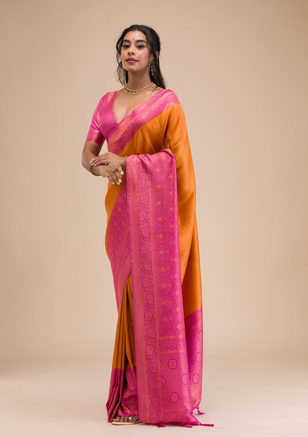 Mustard Zariwork Soft Silk Saree-Koskii