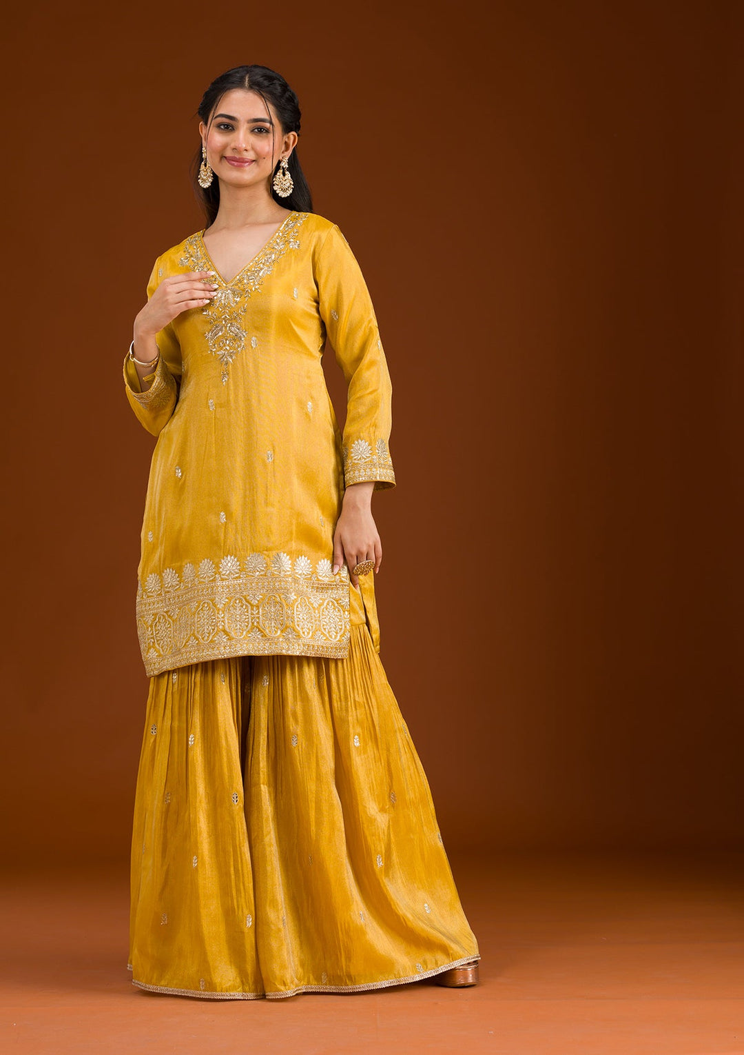 Mustard Zariwork Tissue Readymade Salwar Suit