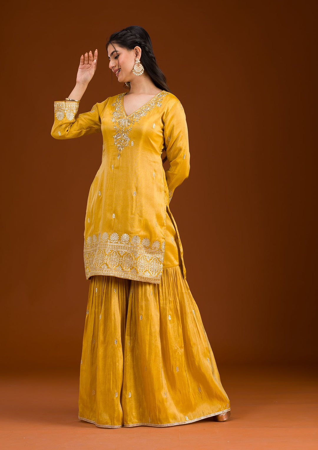 Mustard Zariwork Tissue Readymade Salwar Suit