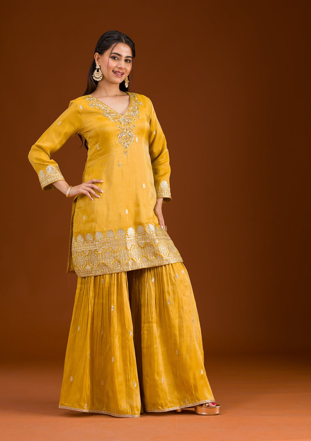 Mustard Zariwork Tissue Readymade Salwar Suit