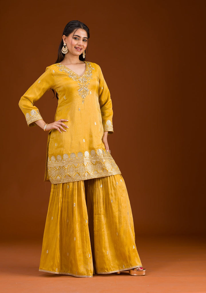 Mustard Zariwork Tissue Readymade Salwar Suit