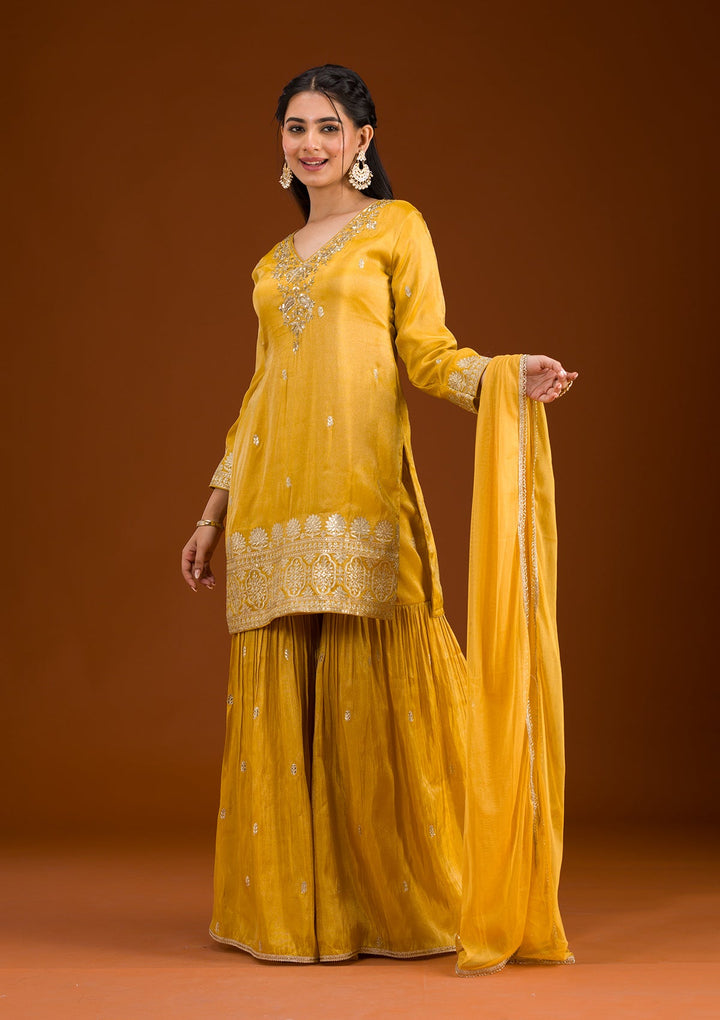 Mustard Zariwork Tissue Readymade Salwar Suit-Koskii