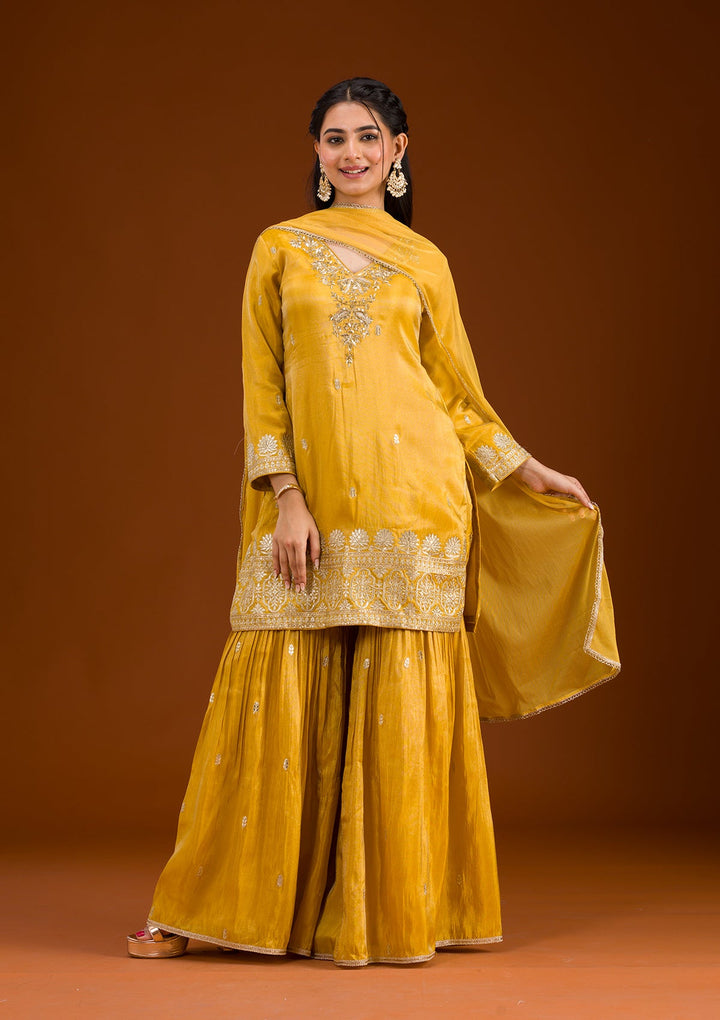 Mustard Zariwork Tissue Readymade Salwar Suit