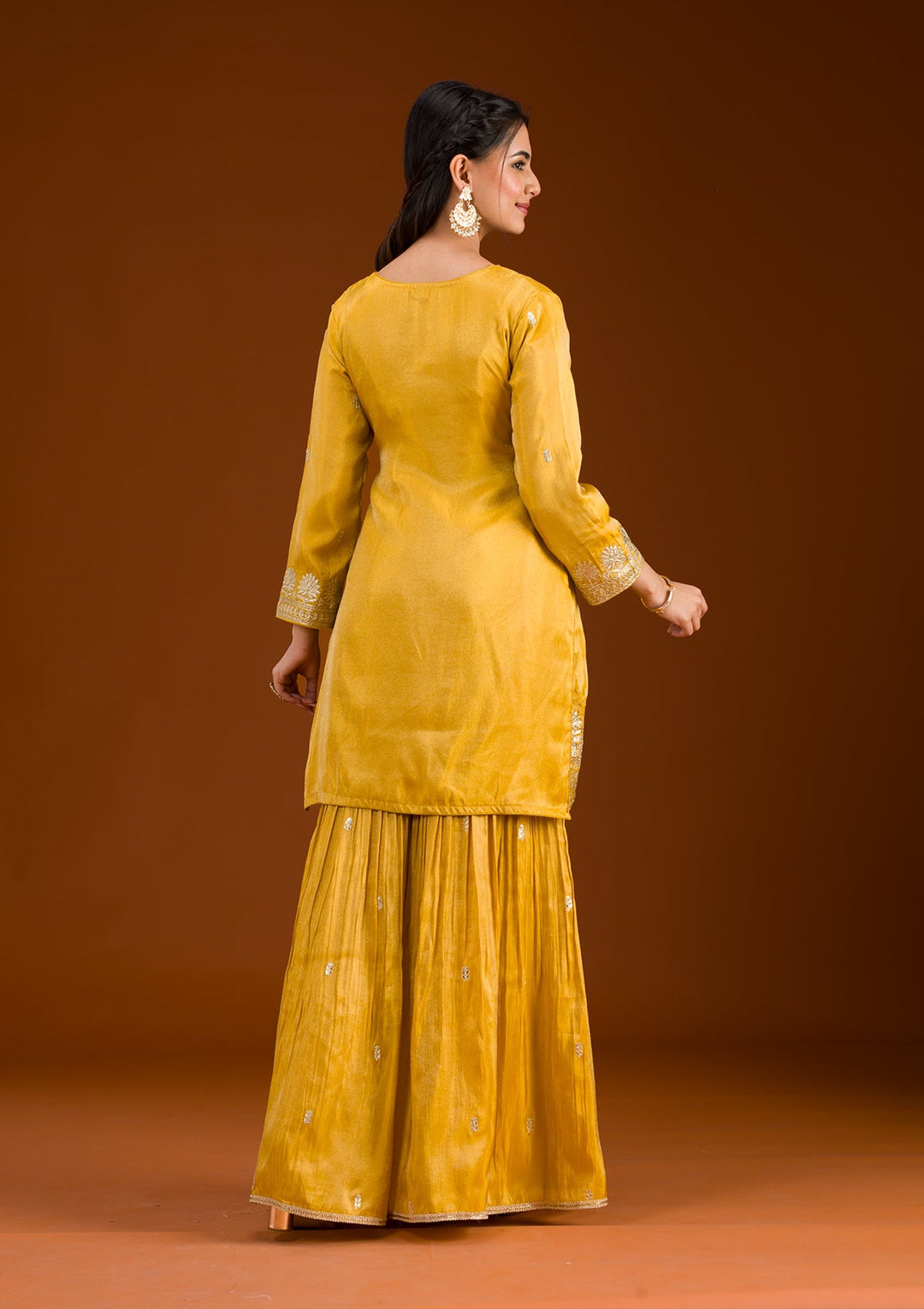 Mustard Zariwork Tissue Readymade Salwar Suit-Koskii