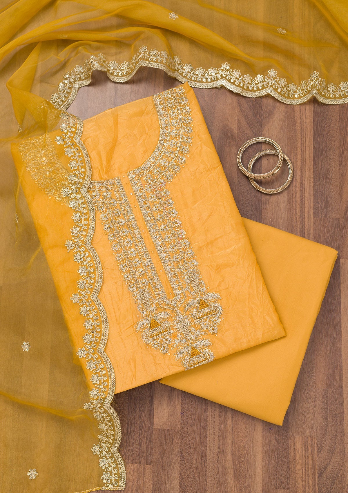 Mustard Zariwork Tissue Unstitched Salwar Suit-Koskii