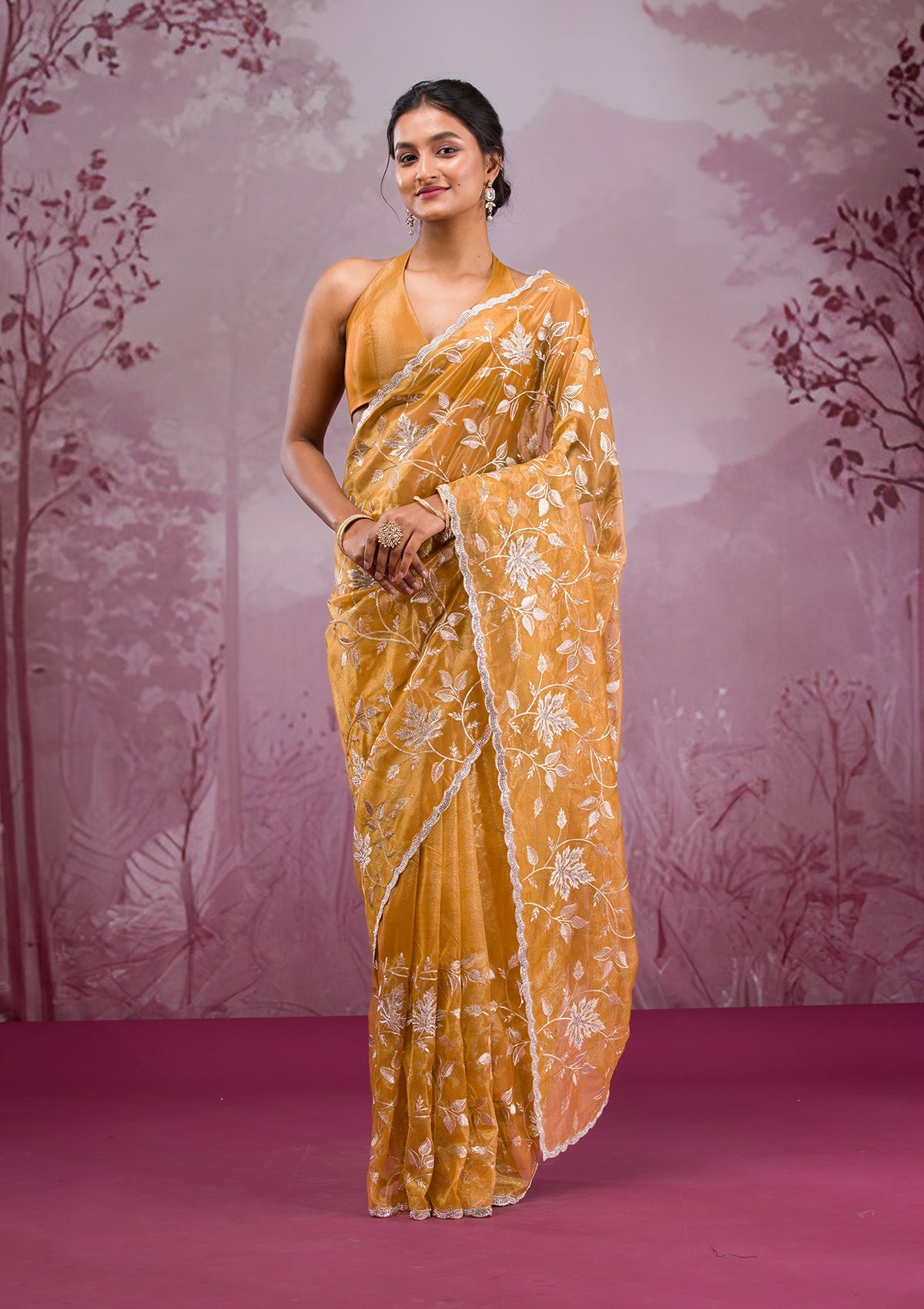 Mustard Zariwork Tissue Saree-Koskii