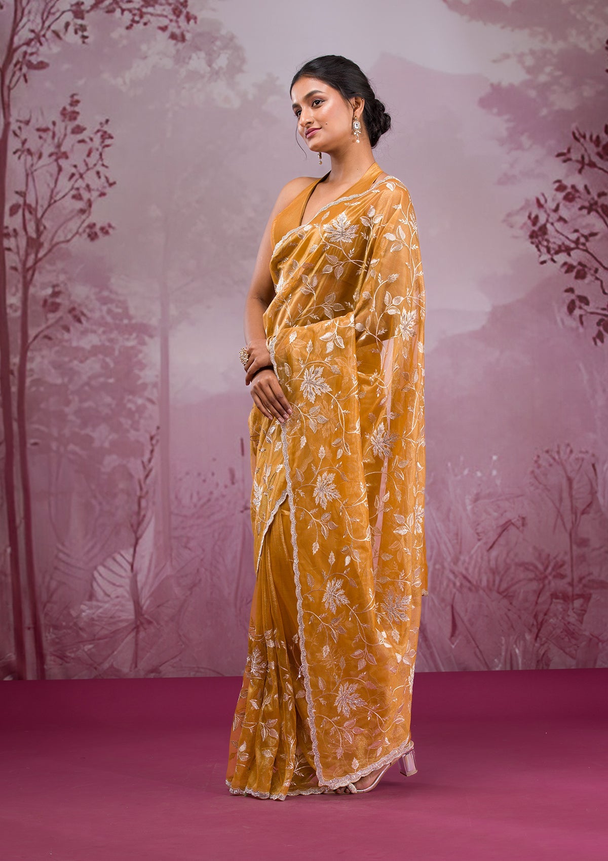 Mustard Zariwork Tissue Saree-Koskii