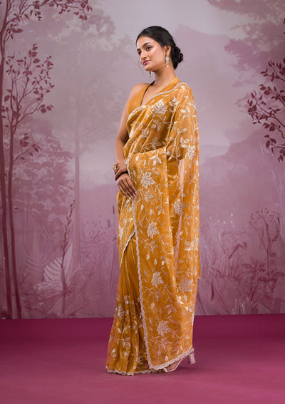 Mustard Zariwork Tissue Saree-Koskii