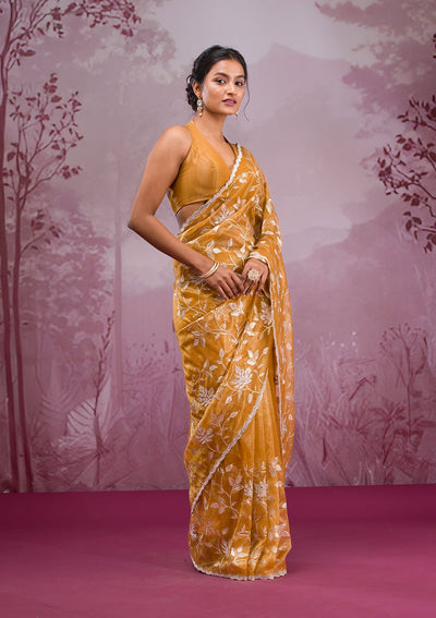 Mustard Zariwork Tissue Saree-Koskii