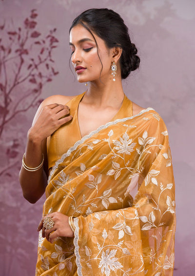 Mustard Zariwork Tissue Saree-Koskii