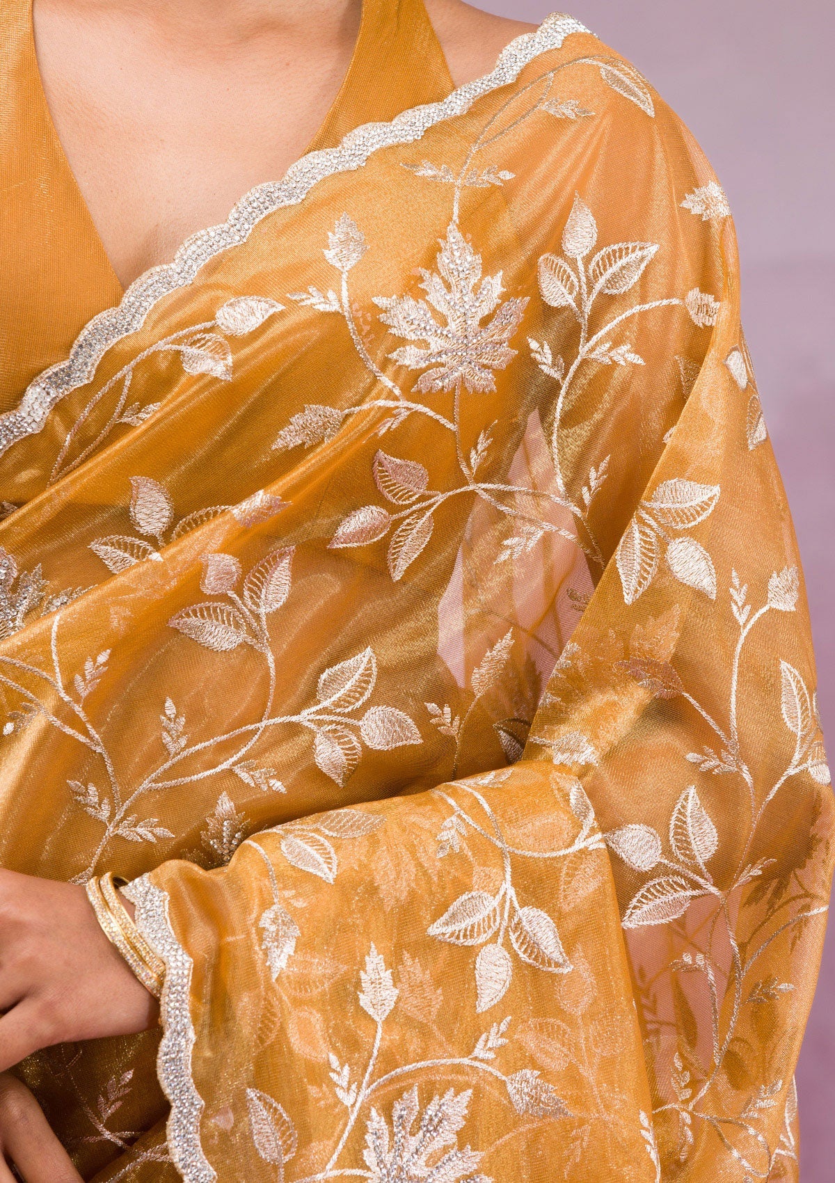 Mustard Zariwork Tissue Saree-Koskii