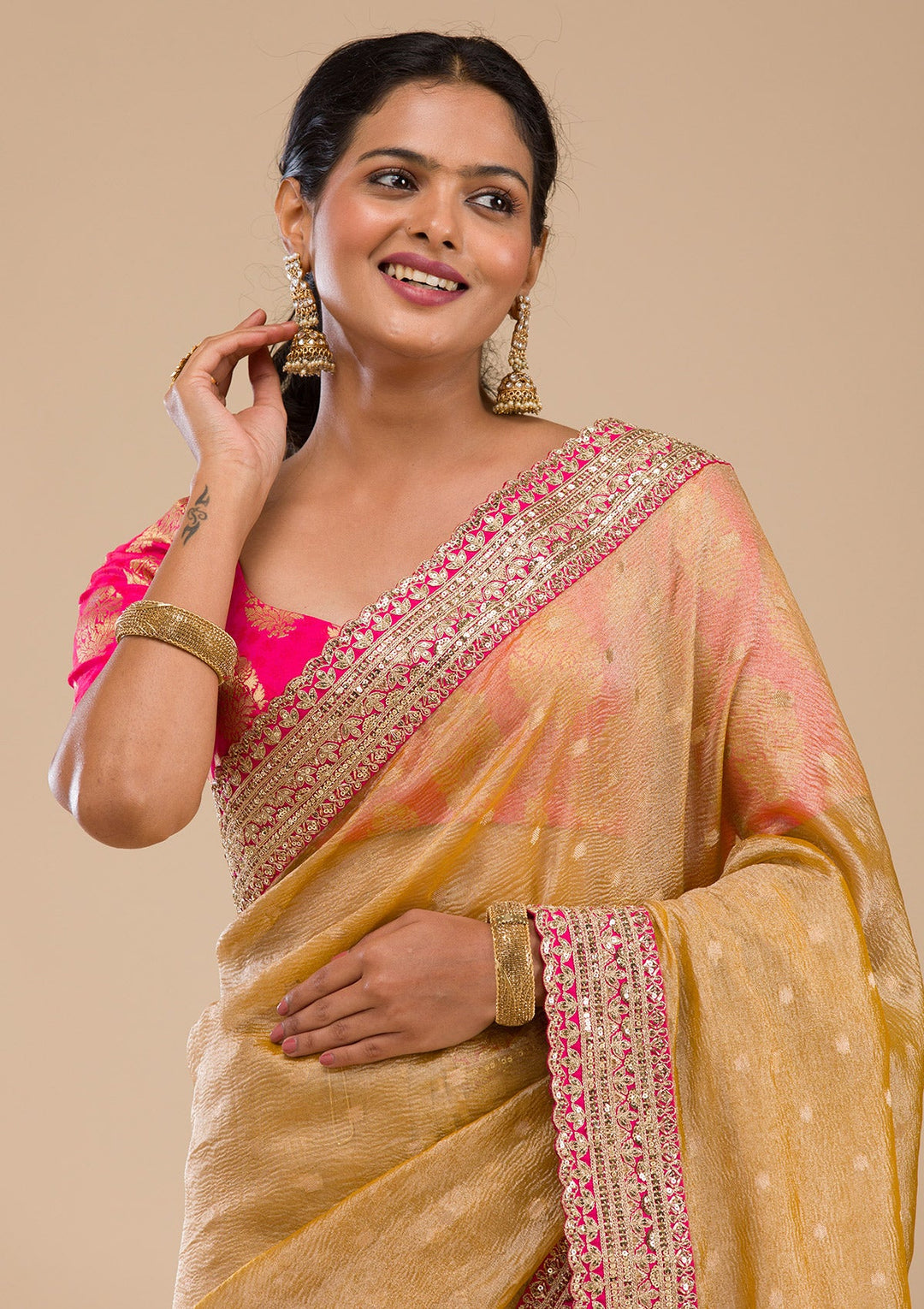 Mustard Zariwork Tissue Saree