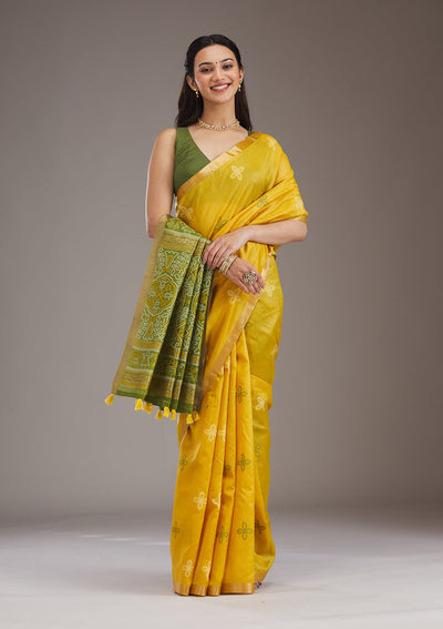 Mustard Zariwork Tissue Saree-Koskii