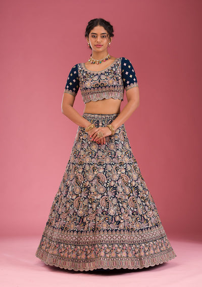 Navy Blue Kashmiri Georgette Readymade Lehenga-Koskii