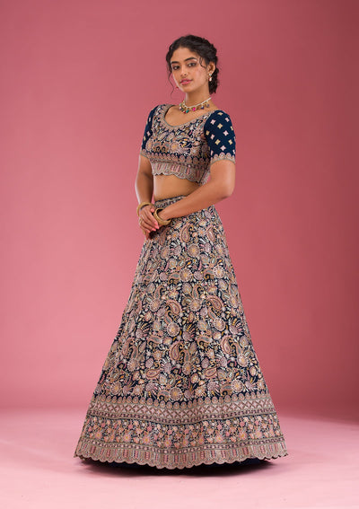 Navy Blue Kashmiri Georgette Readymade Lehenga-Koskii