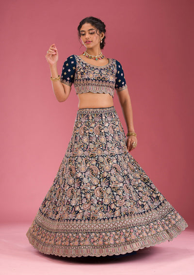 Navy Blue Kashmiri Georgette Readymade Lehenga-Koskii