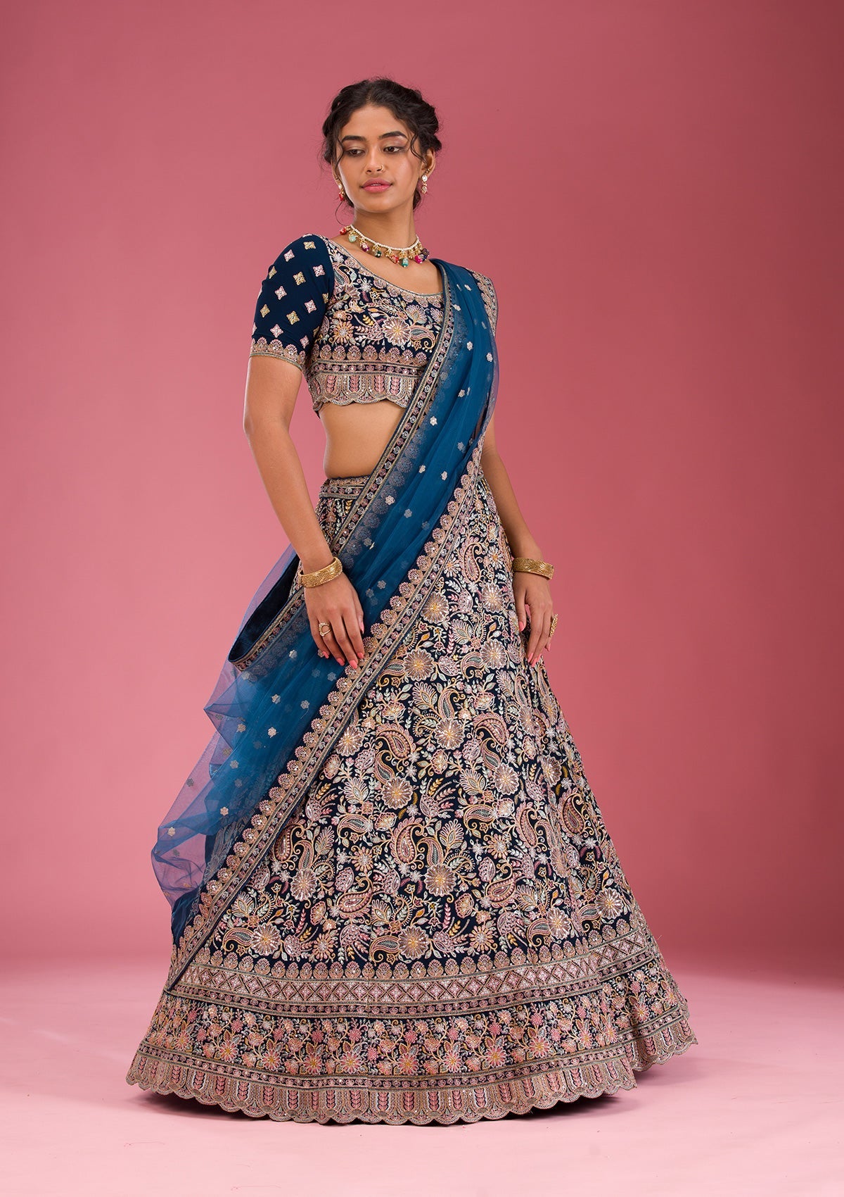 Navy Blue Kashmiri Georgette Readymade Lehenga-Koskii