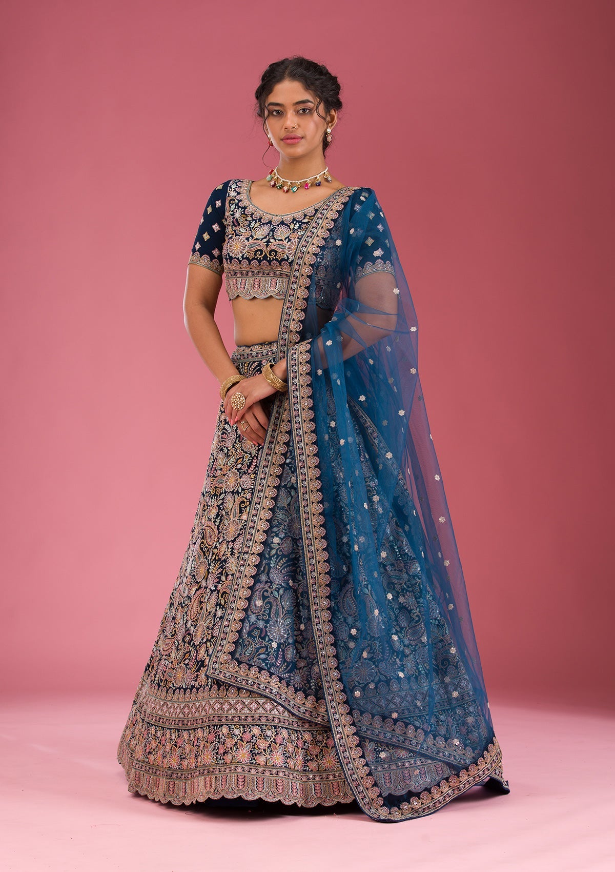 Navy Blue Kashmiri Georgette Readymade Lehenga-Koskii