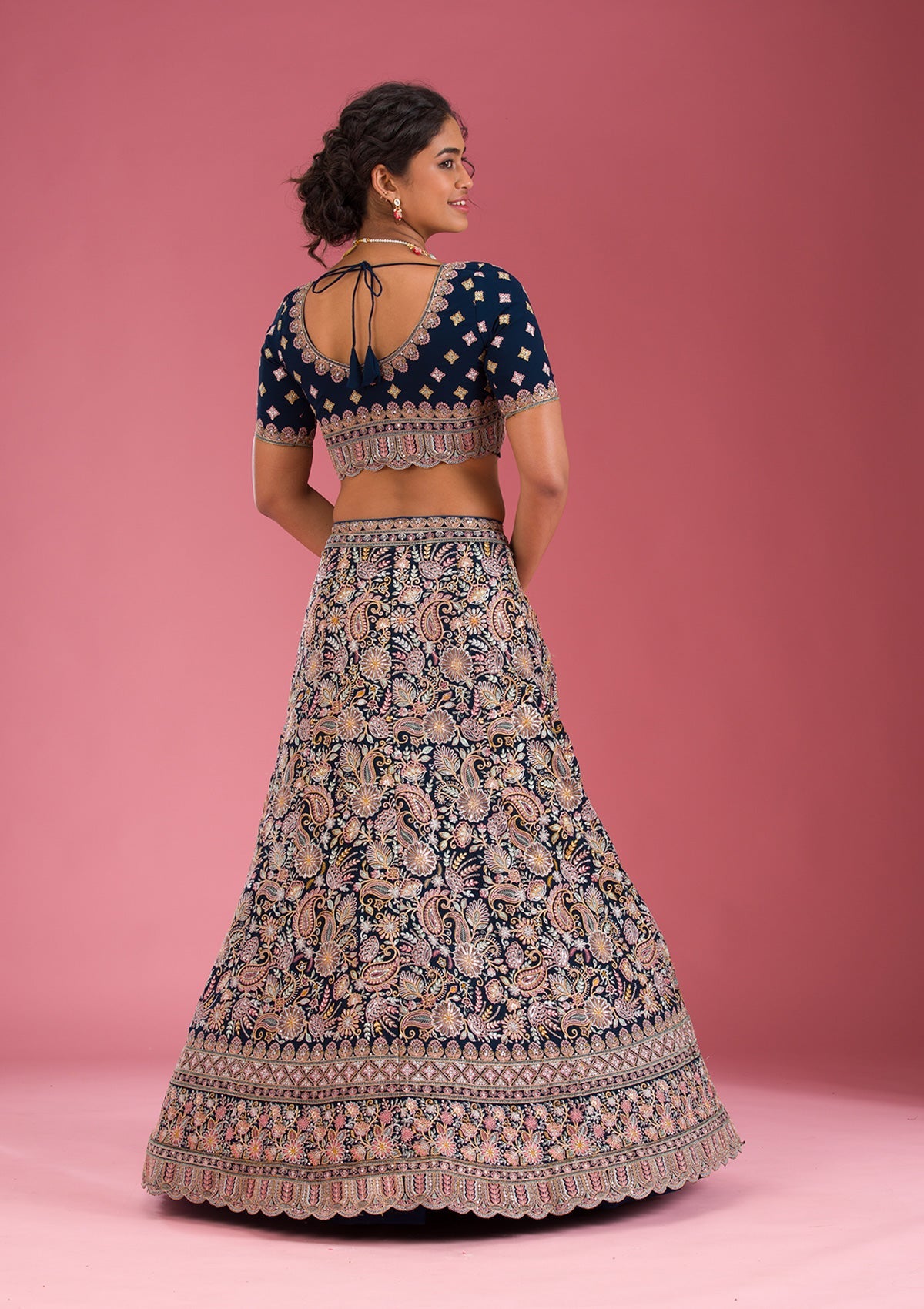 Navy Blue Kashmiri Georgette Readymade Lehenga-Koskii