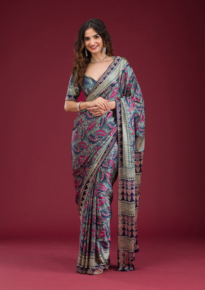 Navy Blue Printed Silk Saree