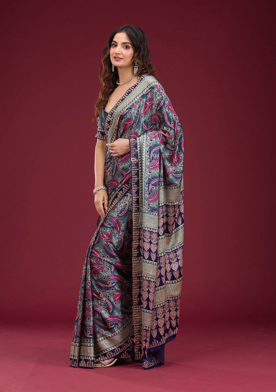 Navy Blue Printed Silk Saree