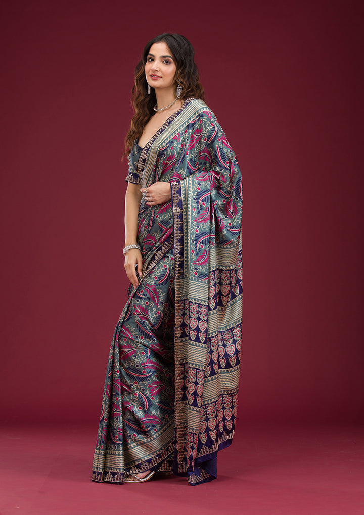 Navy Blue Printed Silk Saree