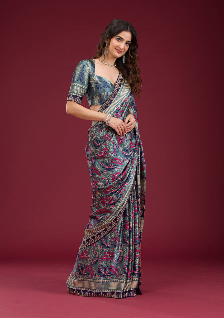 Navy Blue Printed Silk Saree