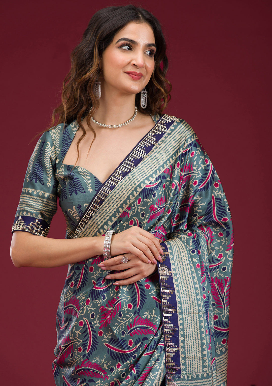 Navy Blue Printed Silk Saree