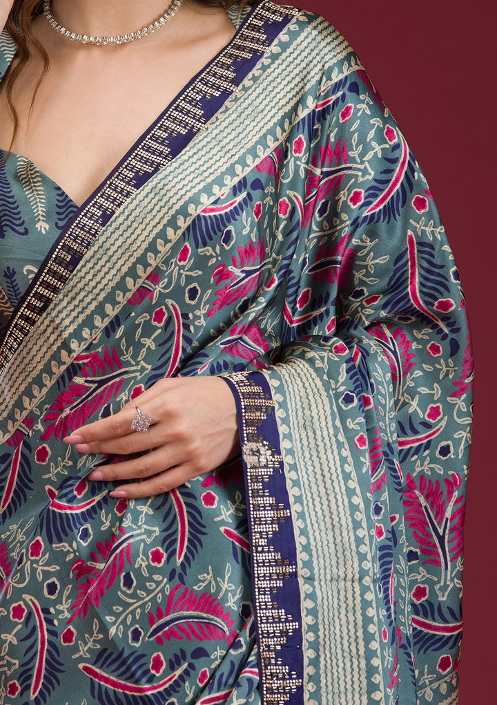 Navy Blue Printed Silk Saree