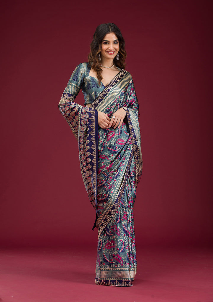 Navy Blue Printed Silk Saree